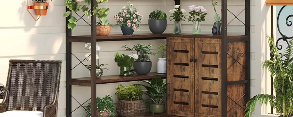 Balcony storage cabinet with potted plants