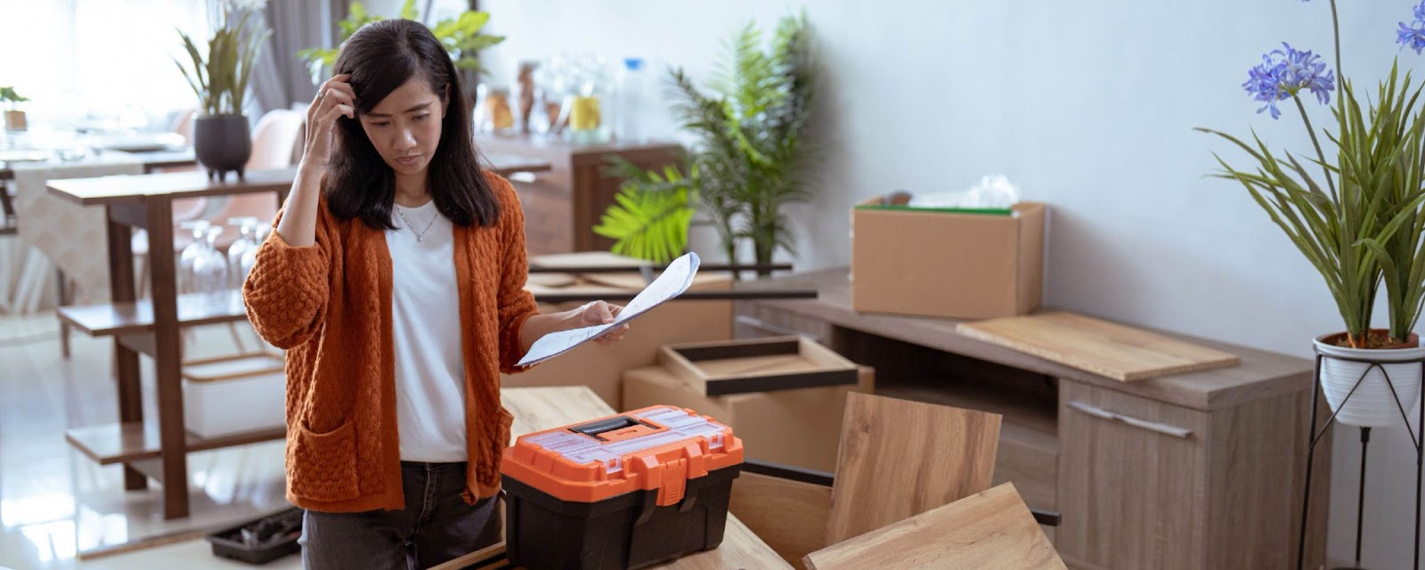 Person with disassembled furniture around them