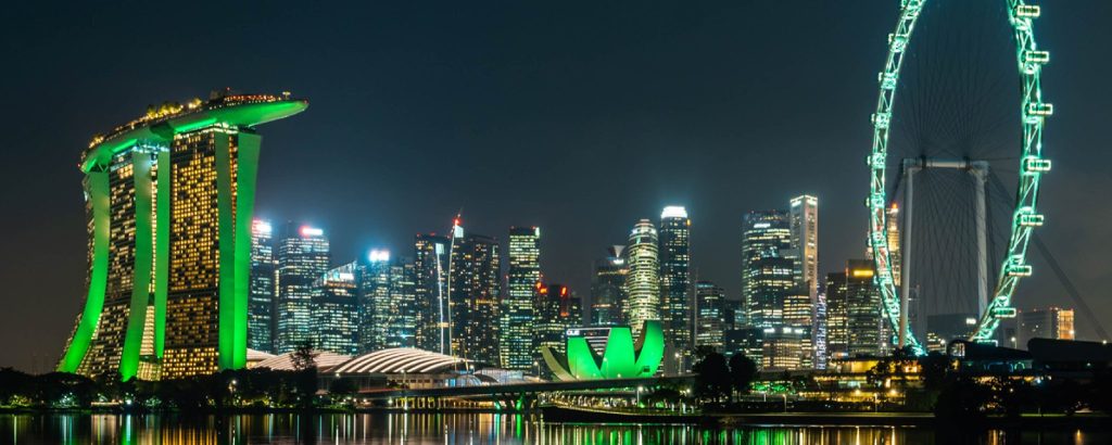 Panoramic shot of Singapore's skyline at night.