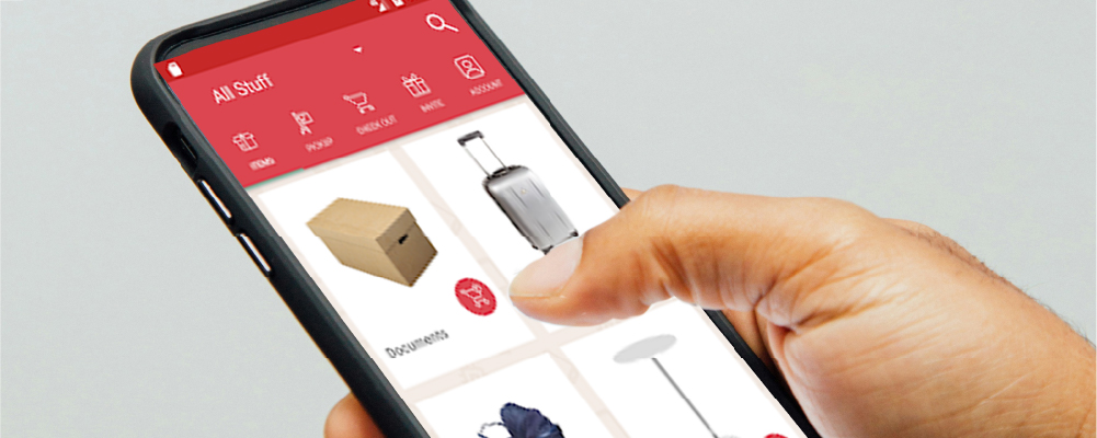 Mobile app screen showing stored inventory with photos.