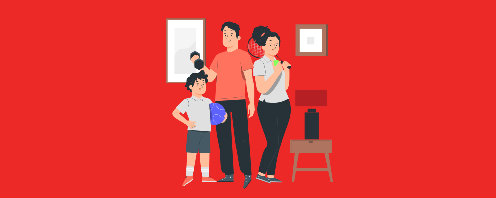 A family of three, each with a piece of sport equipment that would be a perfect fit for self storage.